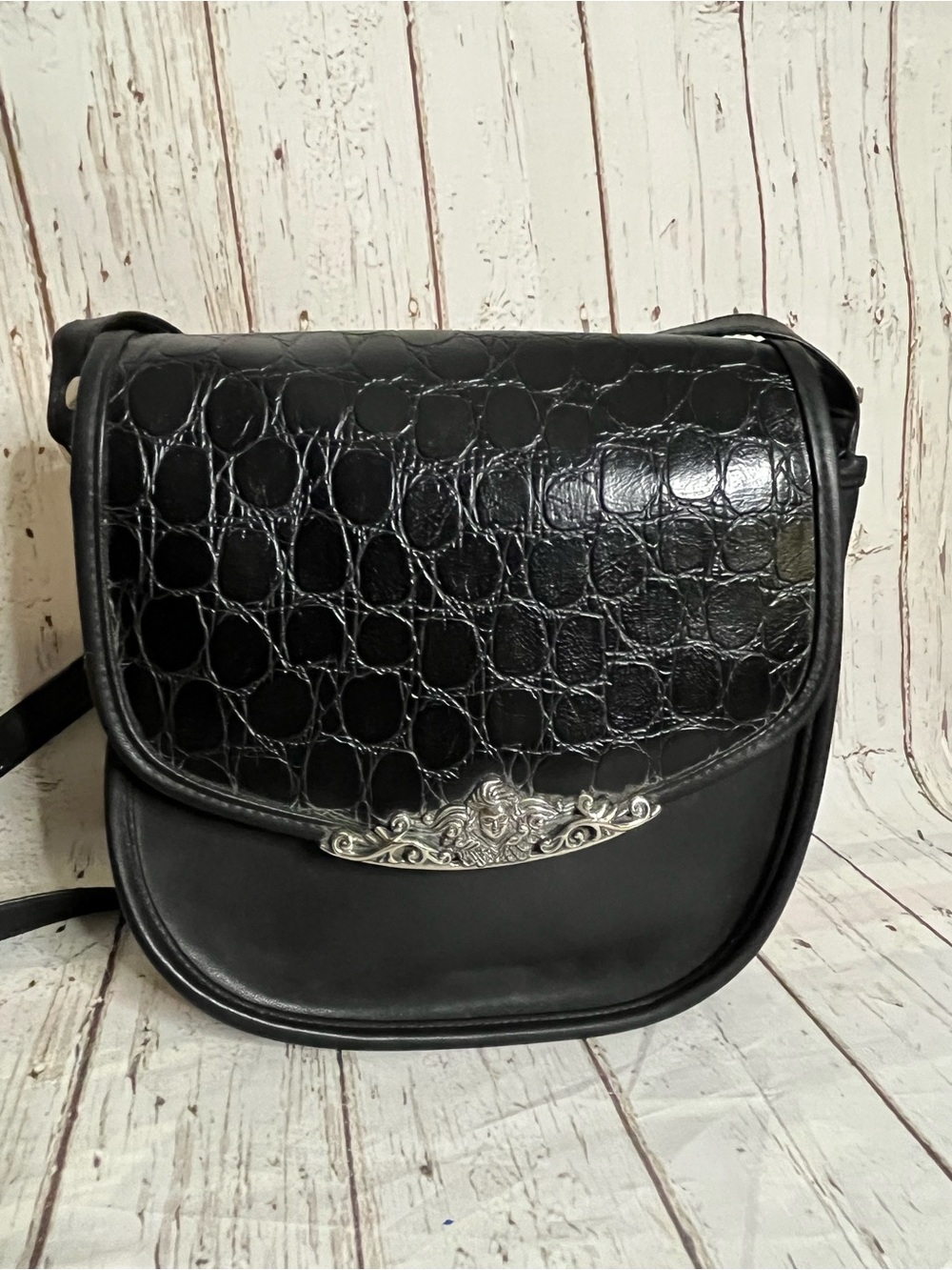 Black Croc Pattern Purse Vintage With Silver Cherub Design